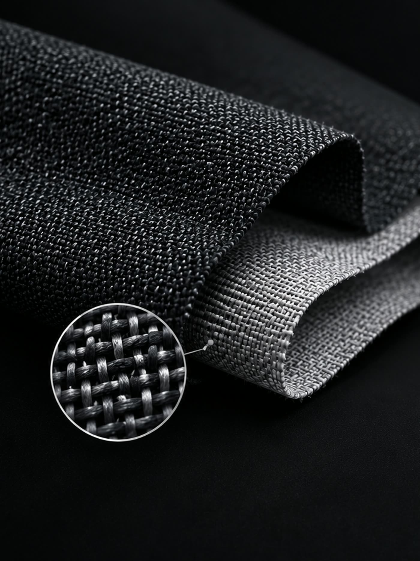 Woven interlining folded on black with its weave structure magnified